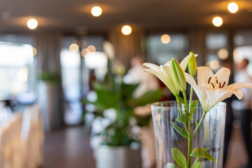 Elegant white lilies in a decorated venue with soft lighting during an event celebration