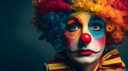 Obraz premium Close up portrait captures a performer with vibrant multicolored wig and elaborate facial paint