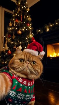 Funny fluffy cat wearing Santa hat and Christmas sweater posing for selfie near decorated Christmas tree and glowing fireplace cozy holiday atmosphere festive pet concept