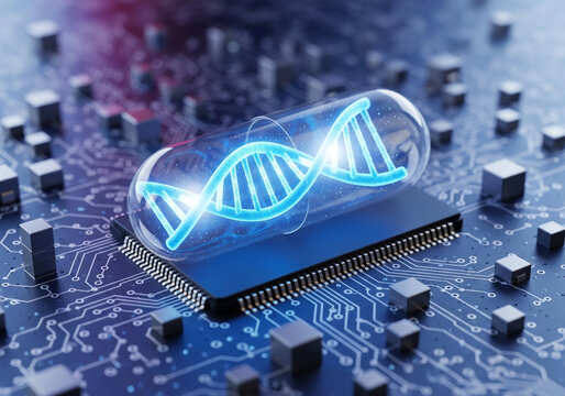 A glowing blue DNA helix is encased within a transparent capsule, resting on a complex electronic circuit board with a microchip.