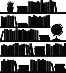 Silhouette bookshelf full of books and globe decorative elements for learning and knowledge vector © SAIF820