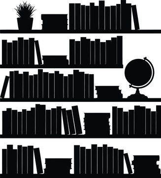 Silhouette bookshelf full of books and globe decorative elements for learning and knowledge vector