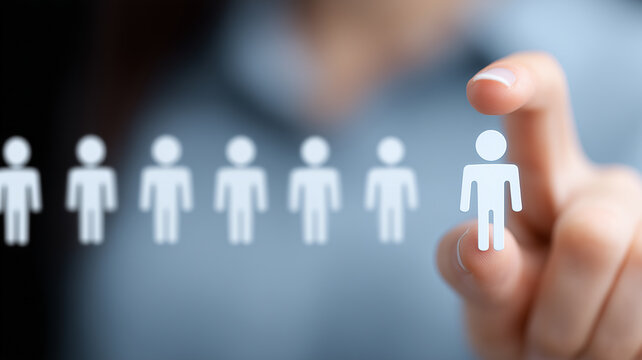 Finger selecting a candidate icon to represent recruitment, talent acquisition, and precise team building.
