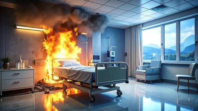 A dramatic and catastrophic fire engulfs an empty hospital bed, symbolizing a sudden crisis and overwhelming disaster in a healthcare setting