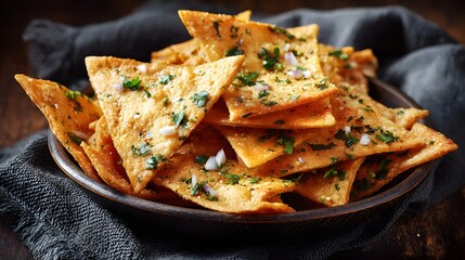 Golden fried seasoned chips are piled high in a rustic dark bowl