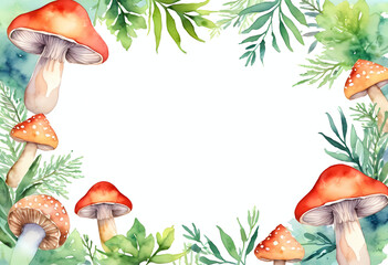 This artwork features colorful watercolor mushrooms surrounded by lush greenery, set against a blank backdrop, perfect for Halloween-themed decoration Generative AI
