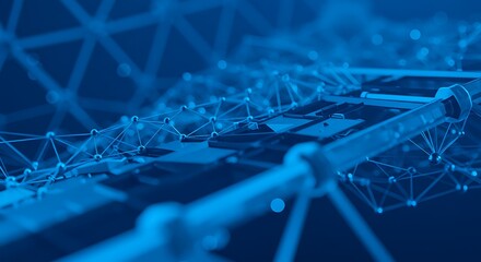 Abstract glowing blue network grid with nodes and connections, representing data and technology