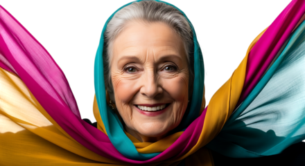 Smiling senior woman with colorful scarf isolated on transparent background