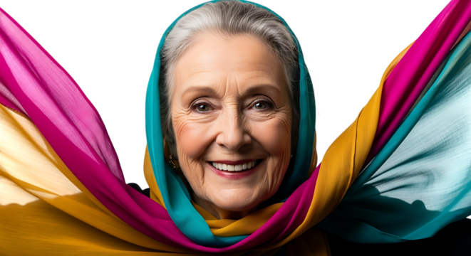 Smiling senior woman with colorful scarf isolated on transparent background