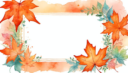 Colorful maple leaves in shades of orange and green create a vibrant border, perfect for Halloween-themed designs. The soft watercolor background enhances the seasonal feel Generative AI