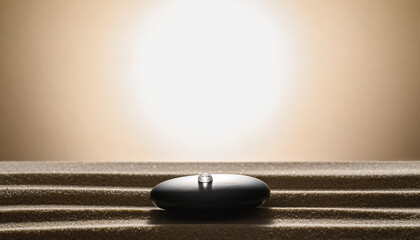 A single smooth basalt stone and a tiny water droplet resting on matte sand, warm beige background fading to near-white; elements centered low, 75% negative space above. Soft lateral key light, minima