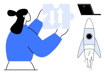 Woman holding puzzle piece with direction arrows, symbolizing strategy. Nearby rocket launch and laptop signify innovation, progress, and technology. Ideal for teamwork, growth, planning, innovation