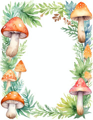 Bright orange and white mushrooms are framed by lush green leaves in a playful watercolor style, perfect for Halloween decorations and invitations Generative AI