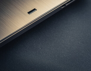 Close-up corner of a brushed-aluminum laptop lid showing chamfered edge and logo emboss, placed top-left on a soft charcoal surface; vast, softly blurred negative space below and to the right. Control