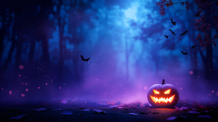 Spooky Halloween forest scene with glowing carved pumpkin, flying bats, misty trees, and autumn leaves. Ideal for seasonal ads, party invites, and eerie design themes.