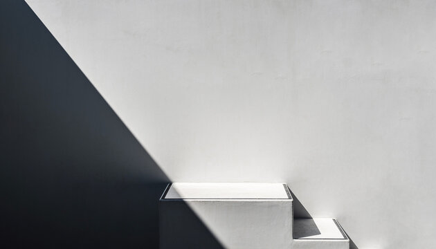 One sharp white concrete stair edge with a crisp cast shadow cutting diagonally from top-left; vast blank wall filling the frame, 70% negative space on the right. Hard noon light for graphic contrast,