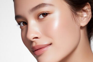Close-up of a smiling Asian woman with flawless, radiant skin and a luminous glow