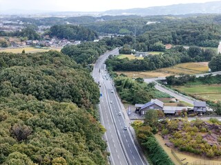 A road with a lot of trees and houses in the background. The road is empty and there are no cars on...