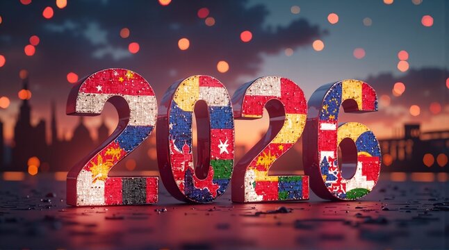 A festive global celebration for Happy New Year 2026, featuring the year composed of world flags against a sparkling city skyline.