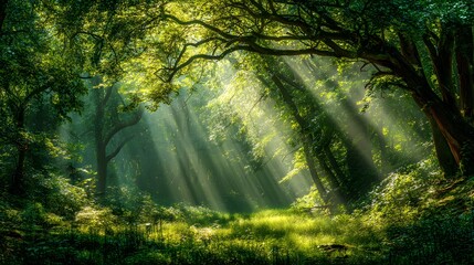 Brilliant sunbeams pierce the dense canopy of a lush green woodland scene