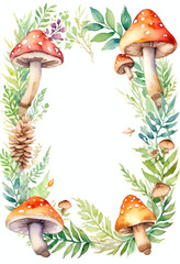 Colorful mushrooms, adorned with white spots, are surrounded by green leaves and pine cones, forming a whimsical frame suitable for Halloween decor or art projects Generative AI