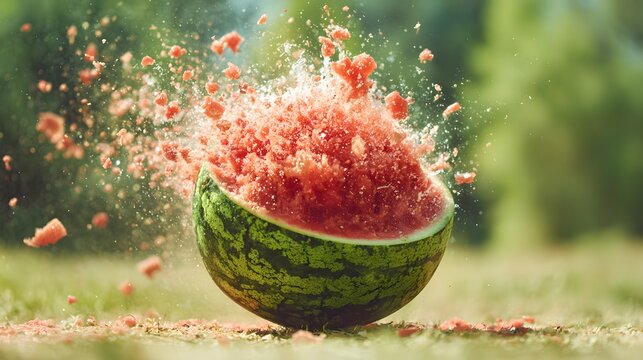 Ripe fruit bursts outward with explosive force in bright sunlight outdoors - Powered by Adobe