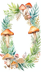 Brightly colored mushrooms in shades of orange and red are surrounded by green leaves, capturing a festive Halloween spirit within a blank space for creativity Generative AI