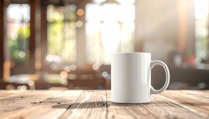 Obraz premium White coffee cup placed on a rustic wooden table with natural light illuminating the scene for a cozy atmosphere 