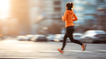 Fit woman in bright outerwear runs energetically across a city street during bright sunshine