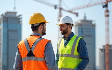 Two construction building men workers confidently inspect discuss engineering projects. Building construction company sites in front them builder safety measures helmets modern skyscraper buildings