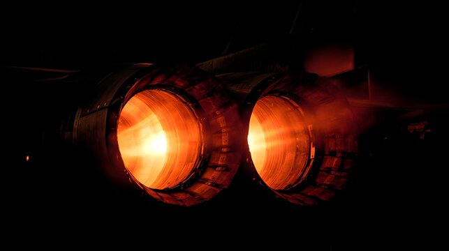 Twin afterburners illuminate the dark with intense orange flame discharge