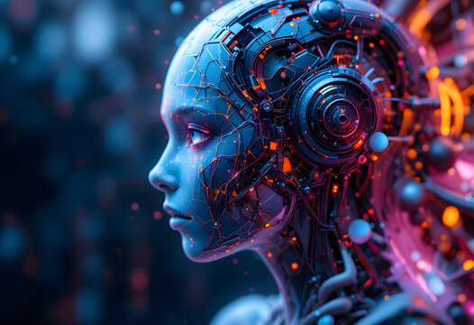 futuristic glowing artificial intelligence female robot face profile with intricate circuit patterns