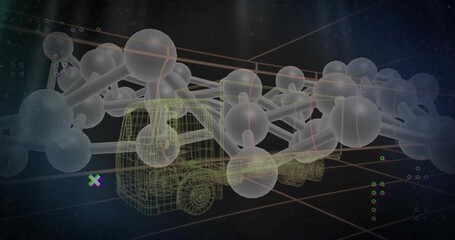 Faint glow initiating network around wireframe truck while nodes pulsing and icons activating data - Powered by Adobe