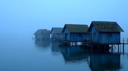 Fototapeta premium Row of wooden boathouses stands on stilts over calm water shrouded in dense fog
