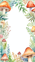 Bright orange and white mushrooms are artistically arranged with lush greenery and soft watercolor strokes, perfect for a Halloween-themed decoration or card Generative AI