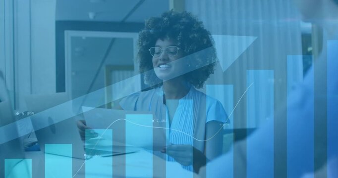 Woman lifting report and initiating animated bar charts with upward arrow for finance briefing