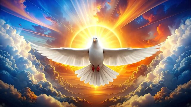 A symbol of peace and purity, a white dove glides through a dramatic, light-filled sky at sunrise, with wings spread wide representing hope and freedom