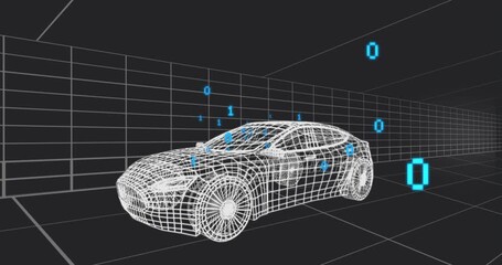White wireframe sedan fading into grid space while turquoise binary digits swirling mapping overlay - Powered by Adobe
