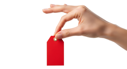 A hand holding a blank red tag isolated on transparent background	
