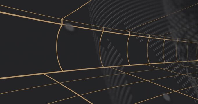 Camera gliding wireframe tunnel showing dot matrix wrapping globe reverting illustrating data flow