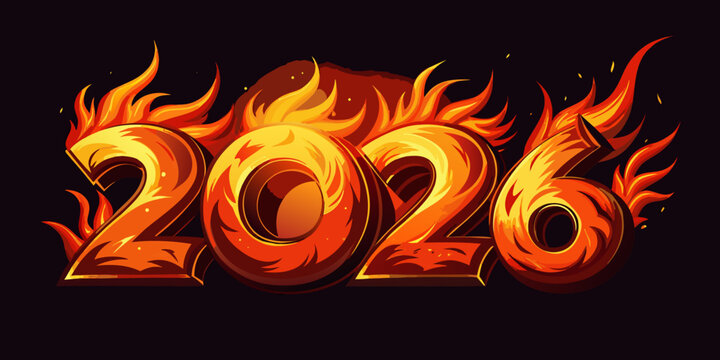 "2026 fiery text made of glowing flames and sparks, dramatic fire typography effect, hot burning style on dark background, suitable for energetic poster or digital artwork"