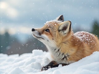 Obraz premium A cute baby fox with snow on its head, sitting on the snow , dark eyes, small black nose, winter background with snowflakes falling - generated by ai