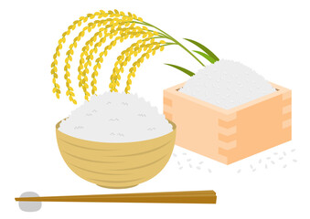 茶碗に盛られた白米と垂れた稲穂と升に入った米のイメージイラスト