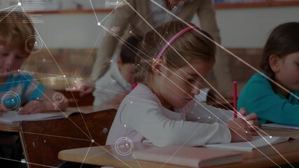 Student writing with red pencil initiating data overlay tracking progress while teacher circulating - Powered by Adobe