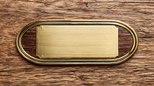 Rectangular polished metallic plaque mounted on a richly textured wooden surface