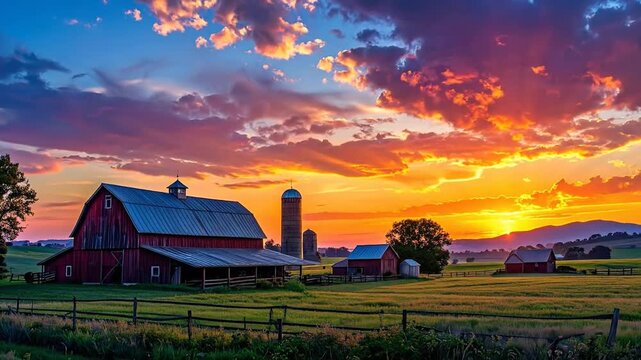 Vibrant sunset hues illuminate a classic red barn and silo amidst lush green fields, capturing the serene beauty of a rural farm landscape at dusk