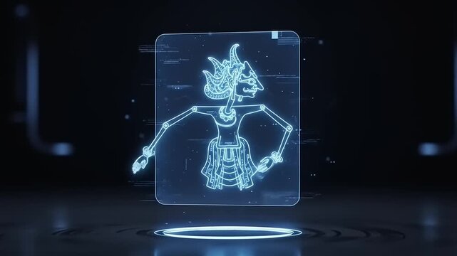 Digital Wayang Kulit Hologram in Futuristic Dark Environment.