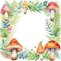 Colorful mushrooms of various shapes and sizes are arranged within a leafy border on a white watercolor backdrop, creating a festive Halloween scene perfect for decorations Generative AI