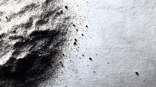 Fine dark powder is scattered across a textured white surface creating abstract patterns.