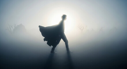 Mysterious figure walking through a misty landscape, illuminated by a soft glow